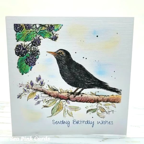 Birthday Card - blackbird and blackberries, original artwork, nature