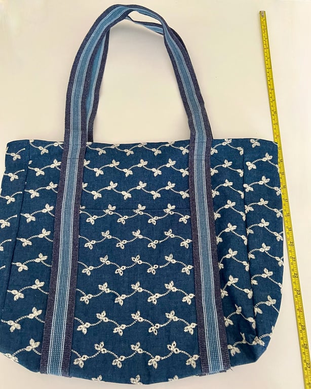 Handmade fully lined embroidered denim tote bag with pockets