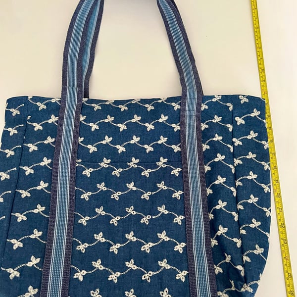 Handmade fully lined embroidered denim tote bag with pockets