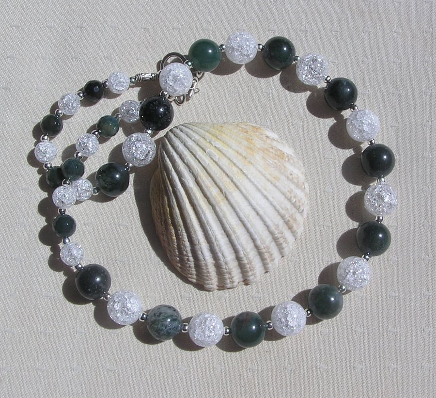 Green Moss Agate & Clear Quartz Gemstone Chunky Chakra Necklace "Sage Sparkle"