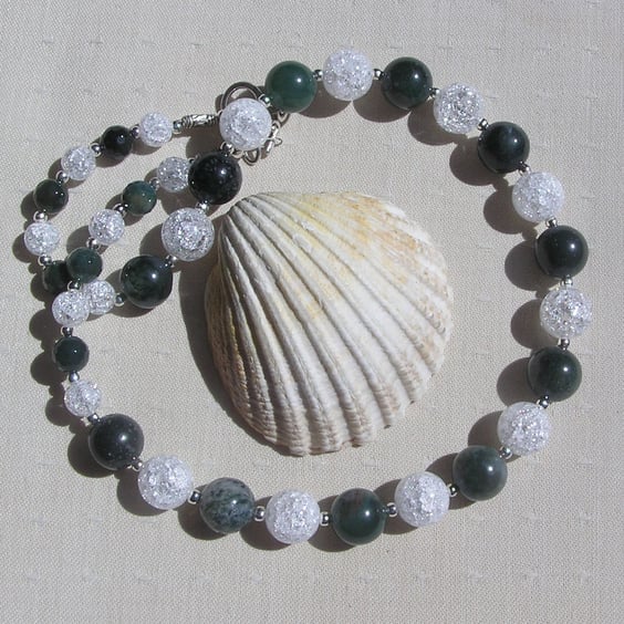 Green Moss Agate & Clear Quartz Gemstone Chunky Chakra Necklace "Sage Sparkle"