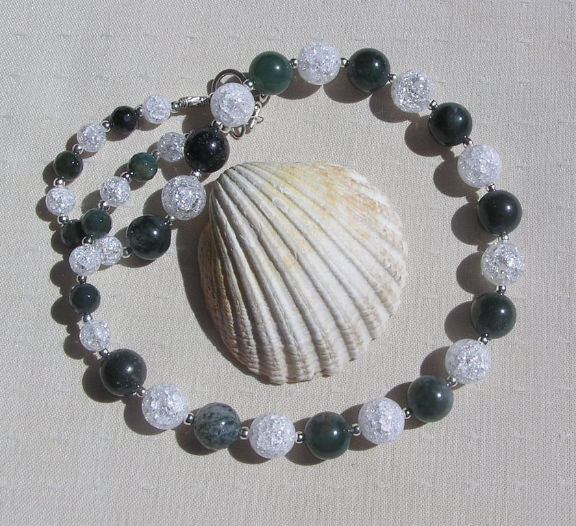 Green Moss Agate & Clear Quartz Gemstone Chunky Chakra Necklace "Sage Sparkle"