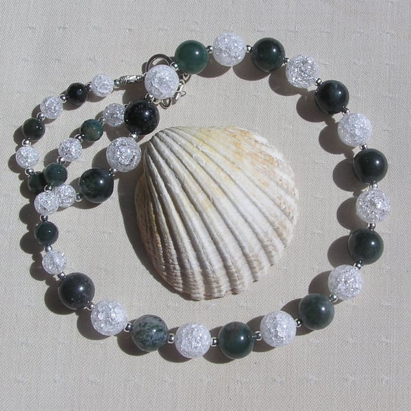 Green Moss Agate & Clear Quartz Gemstone Chunky Chakra Necklace "Sage Sparkle"