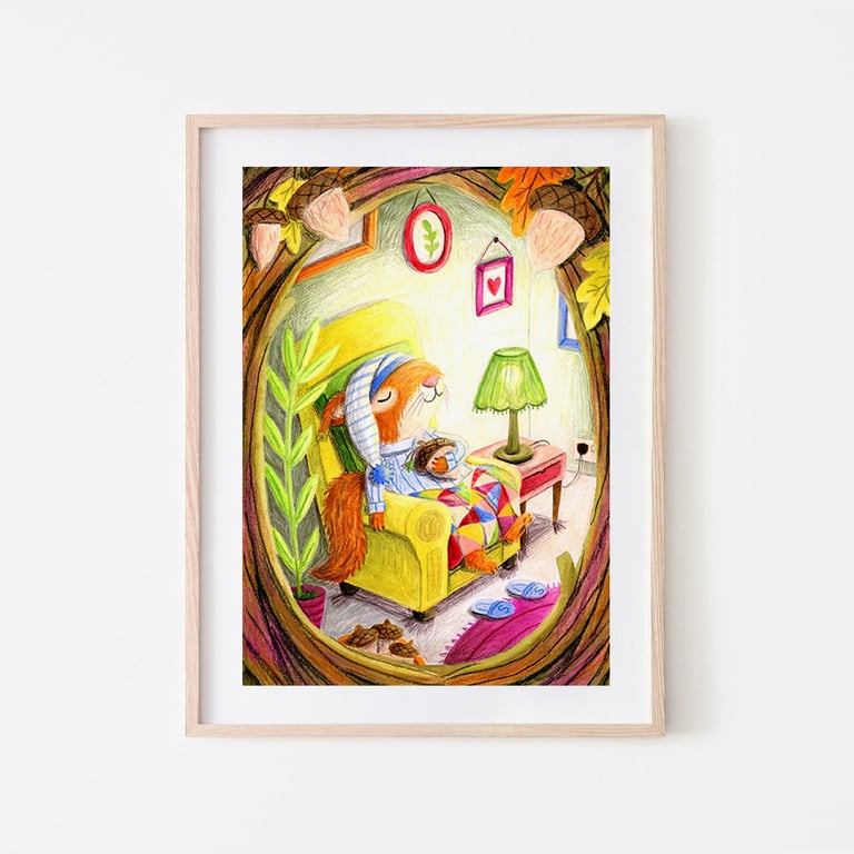 Cosy Squirrel Art Print - Signed A4 Print