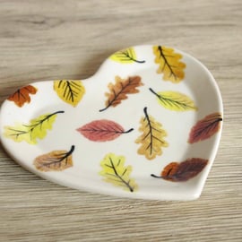 Small Heart Dish - Autumn Colours Beech and Oak Leaves, Pattern