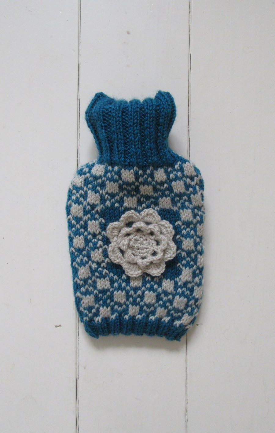 Scandi ski knitted hot water bottle cover - blue