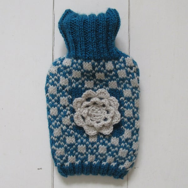 Scandi ski knitted hot water bottle cover - blue