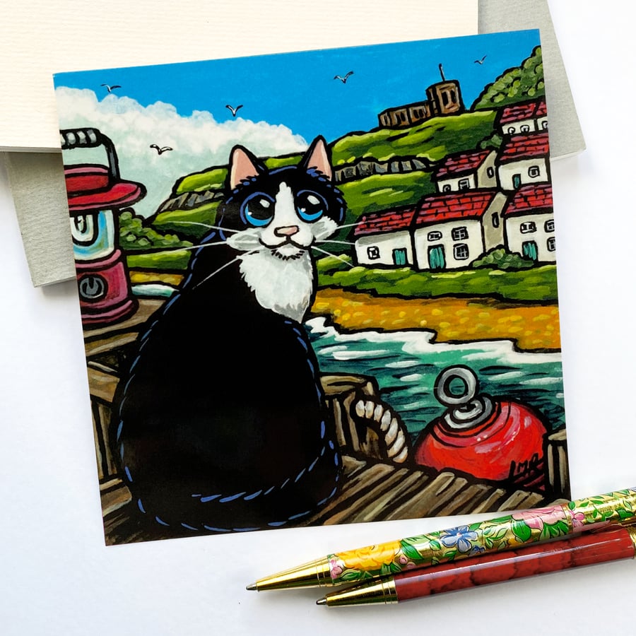 Harbour Jetty Cat Postcard – Whitby Inspired Seaside Feline Art