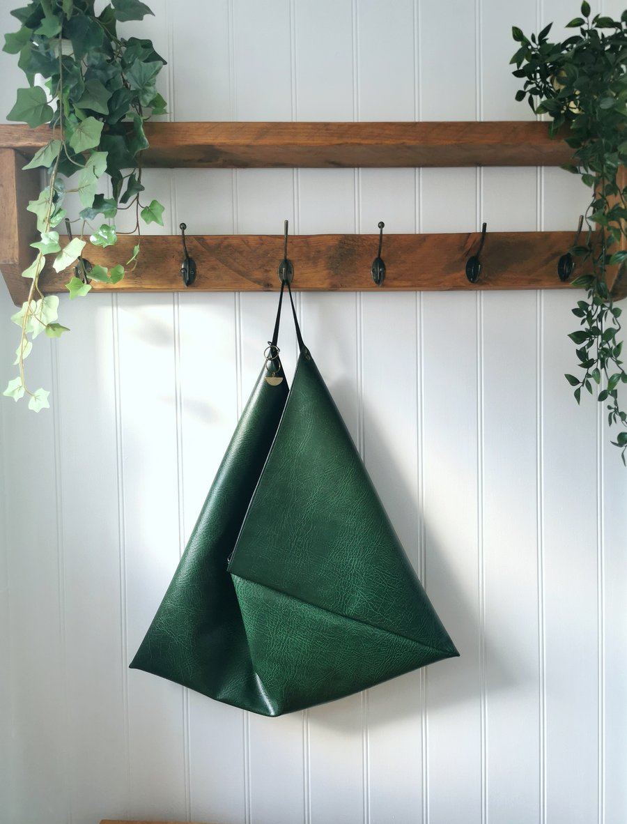 Bottle Green Vegan Leather Origami Bag with Faux Suede Strap and Gold Half Moon 