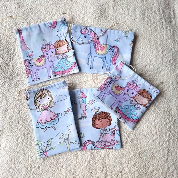 Five pack, Small drawstring bags, Princess, unicorn