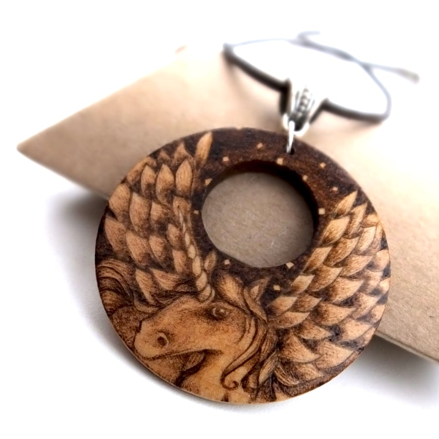 Winged Unicorn Wooden Pyrography Pendant Necklace