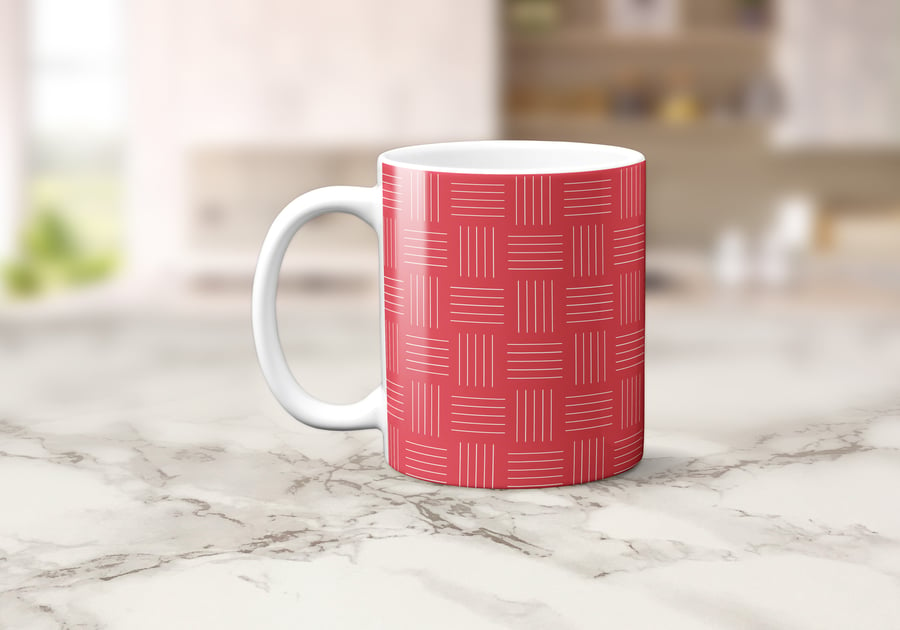 Red and White Geometric Design Mug, Tea or Coffee Cup