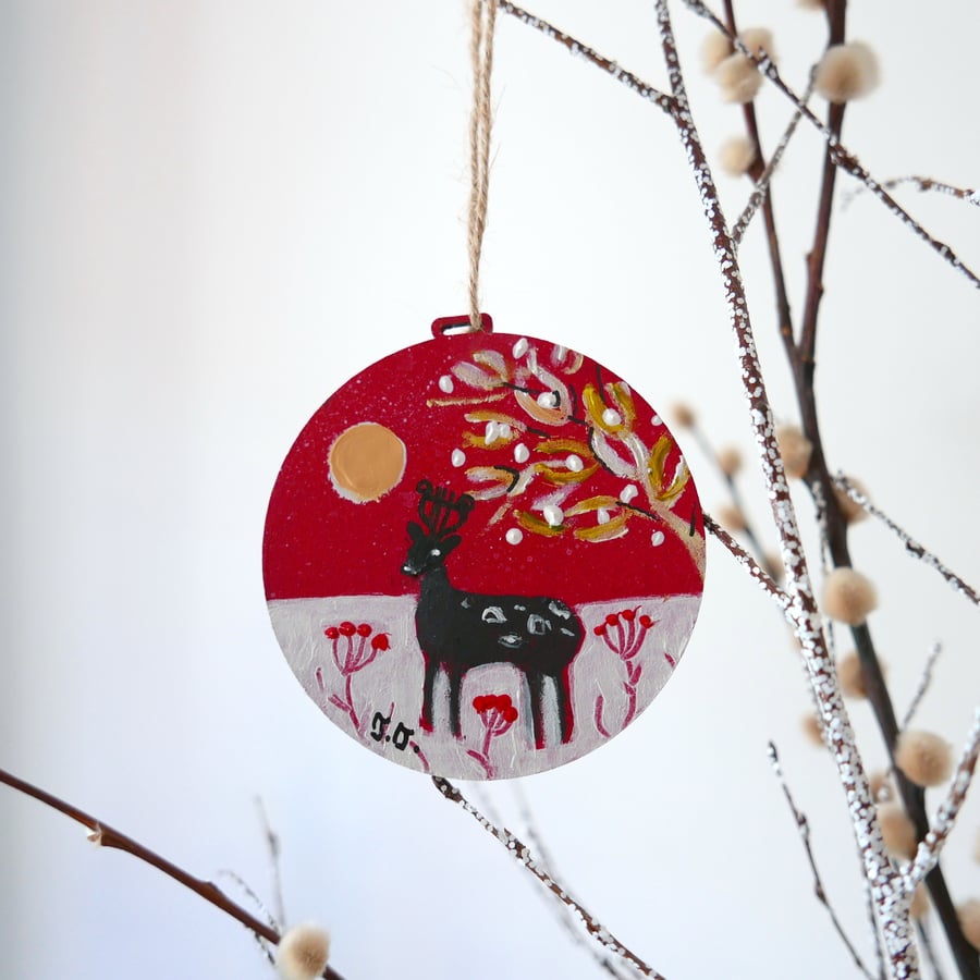 Red Christmas Decoration, Deer Art, Winter Landscape 