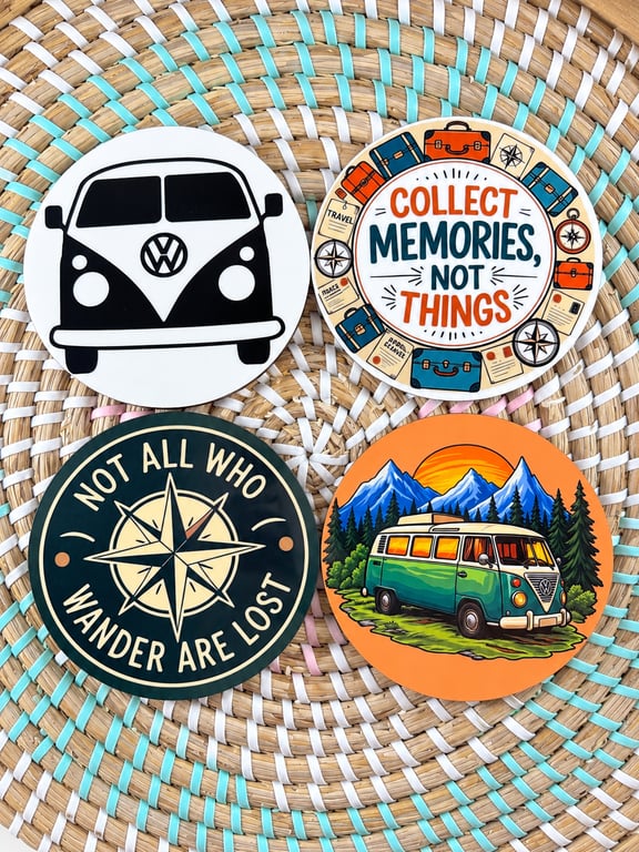 Travel Themed Coaster Set – Campervan, Travel Quotes & Adventure – Handmade x 4