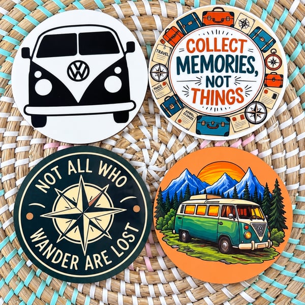Travel Themed Coaster Set – Campervan, Travel Quotes & Adventure – Handmade x 4