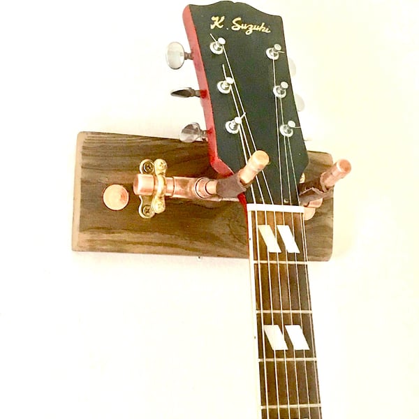 Handmade Guitar Bracket, Salvaged Timber, Copper Double Purpose Made Hook, Wall 