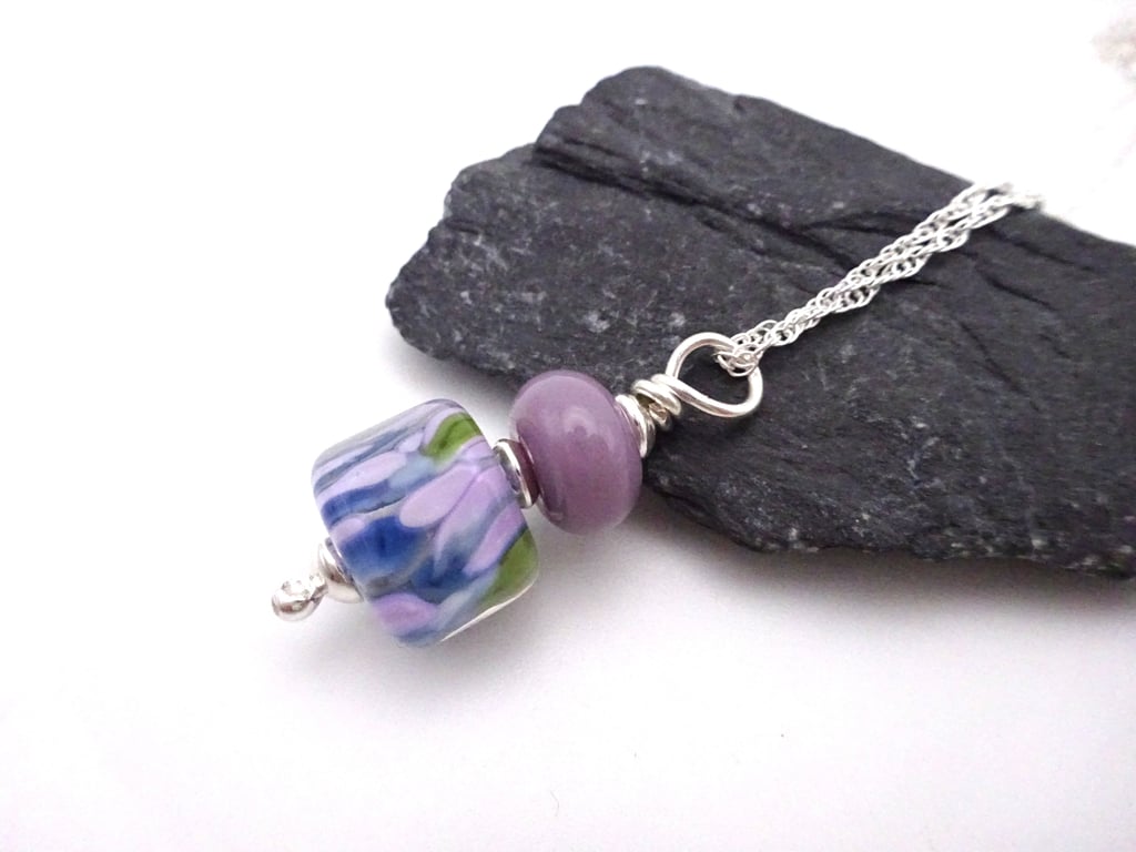 lampwork glass purple pendant, sterling silver chain