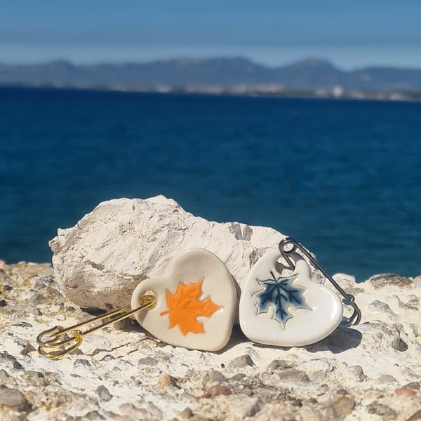 Burnt Orange Maple Leaf 2 in 1 Worry Stone Brooch 