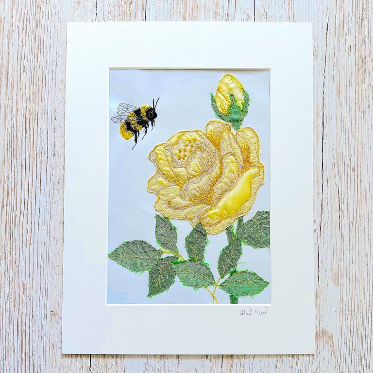 Yellow rose and bumble bee textile artwork - UNFRAMED