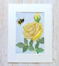 Yellow rose and bumble bee textile artwork - UNFRAMED