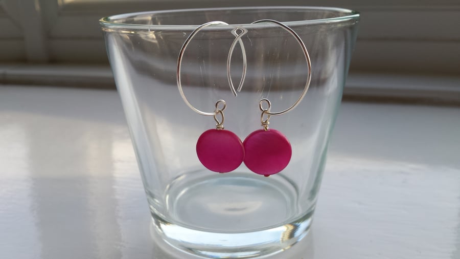 Bright Pink Shell Disc and Hoop Earrings