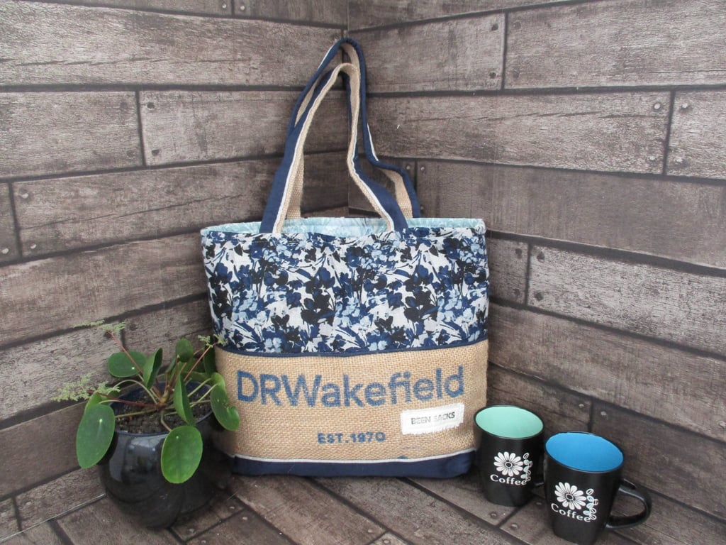 Eco Tote Bag  -Handmade from Sustainable Materials  - Navy and white floral