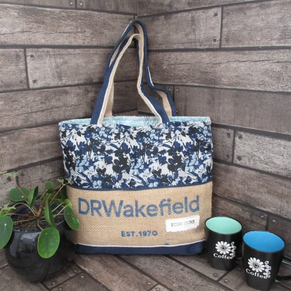 Eco Tote Bag  -Handmade from Sustainable Materials  - Navy and white floral
