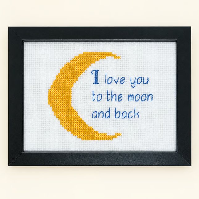 Love You to the Moon and Back Cross Stitch – Handmade Framed Love Gift