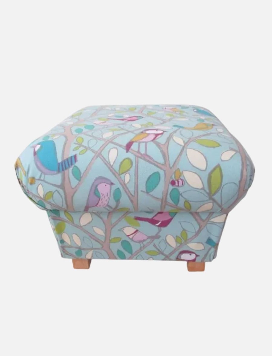 Storage Footstool Edinburgh Weavers Tweety Birds Duck Egg Fabric Pouffe 