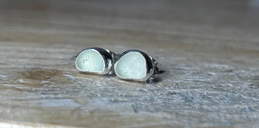 Handmade Sterling & Fine Silver Stud Earrings with Soft Green Welsh SeaGlass