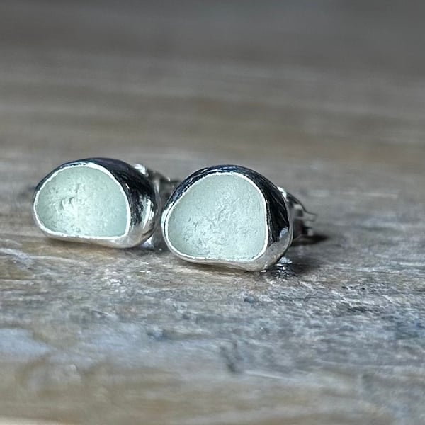 Handmade Sterling & Fine Silver Stud Earrings with Soft Green Welsh SeaGlass