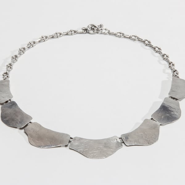 Seven Beaten Silver Units Necklace on Silver Link Chain