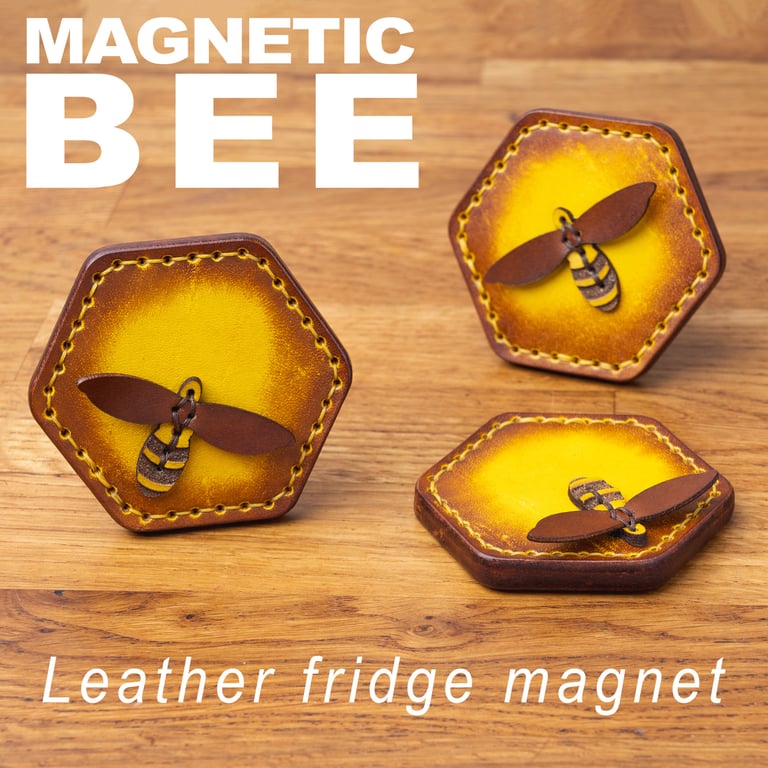 Handmade Full-Grain Leather Honeycomb Bee Magnet: Rustic Decor 