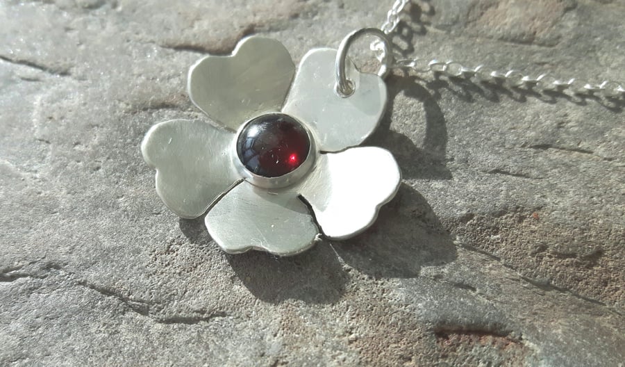Sterling Silver Flower Pendant with Garnet, January Birthstone 