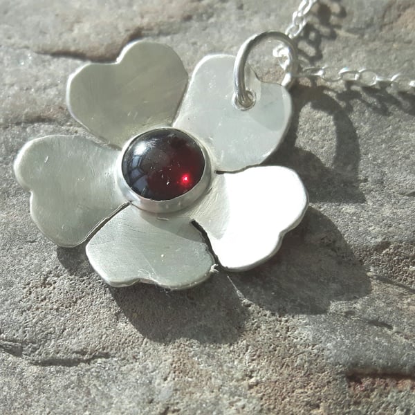 Sterling Silver Flower Pendant with Garnet, January Birthstone 