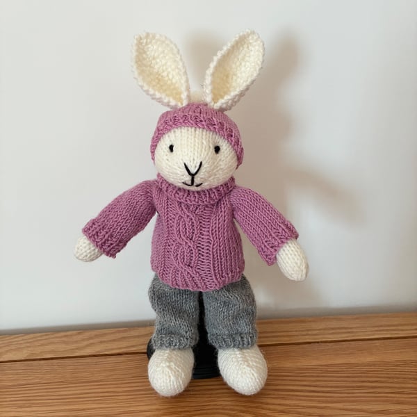 Knitted Rabbit in Pink Jumper and Grey Tousers