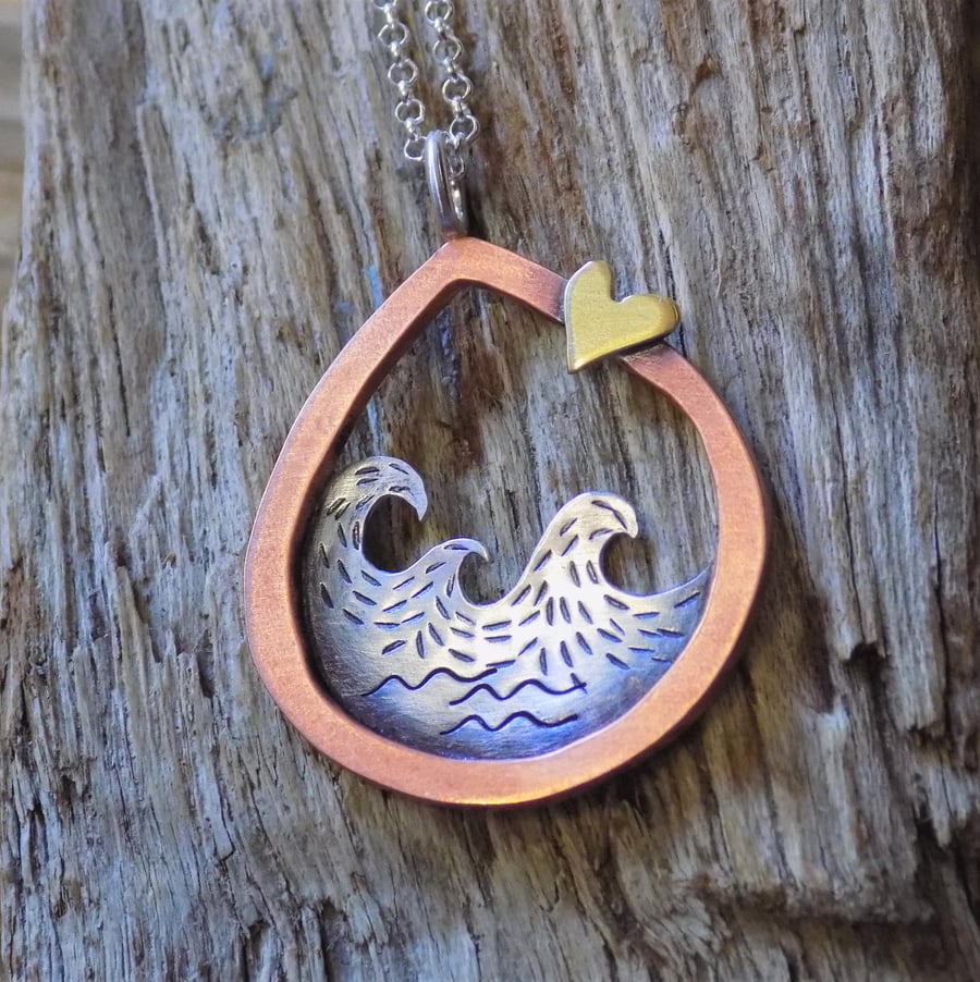 Copper, silver and brass 'dreaming of the sea' mixed metal pendant 