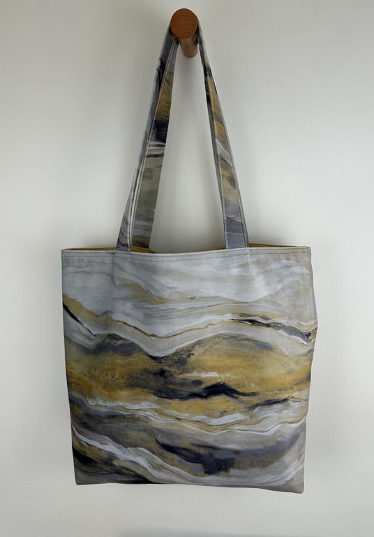 Velvet Tote Bag Abstract Marble Design, Long Handles