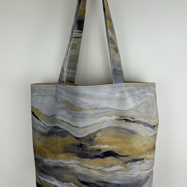 Velvet Tote Bag Abstract Marble Design, Long Handles