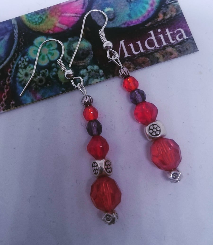  Dangly Sterling Silver Earrings with Red Crystal Beads
