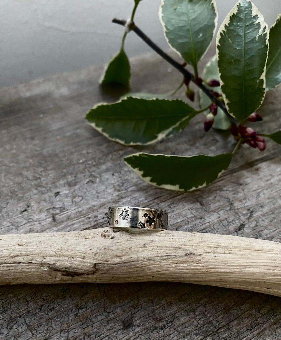 Sterling silver ring band, celestial, hand stamped silver ring