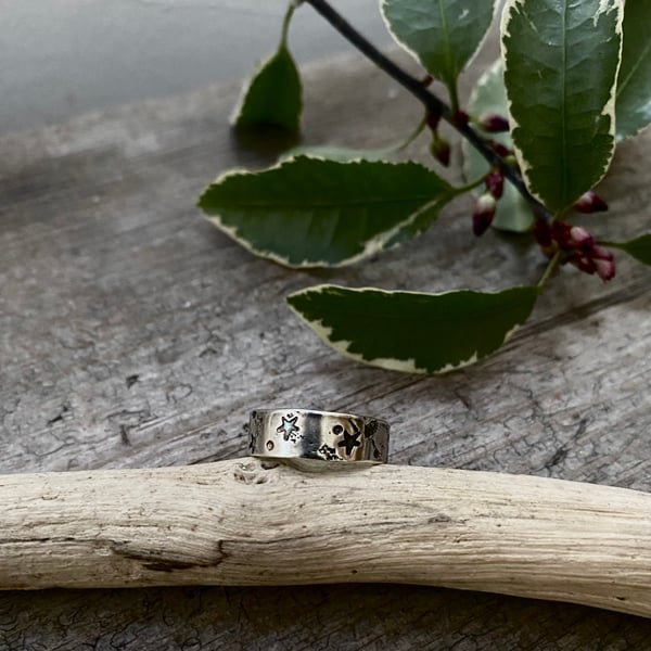 Sterling silver ring band, celestial, hand stamped silver ring