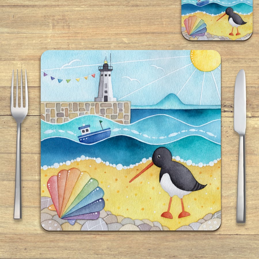 Placemat - Oystercatcher and Lighthouse, East Neuk. Seaside Coastal Table Mats.