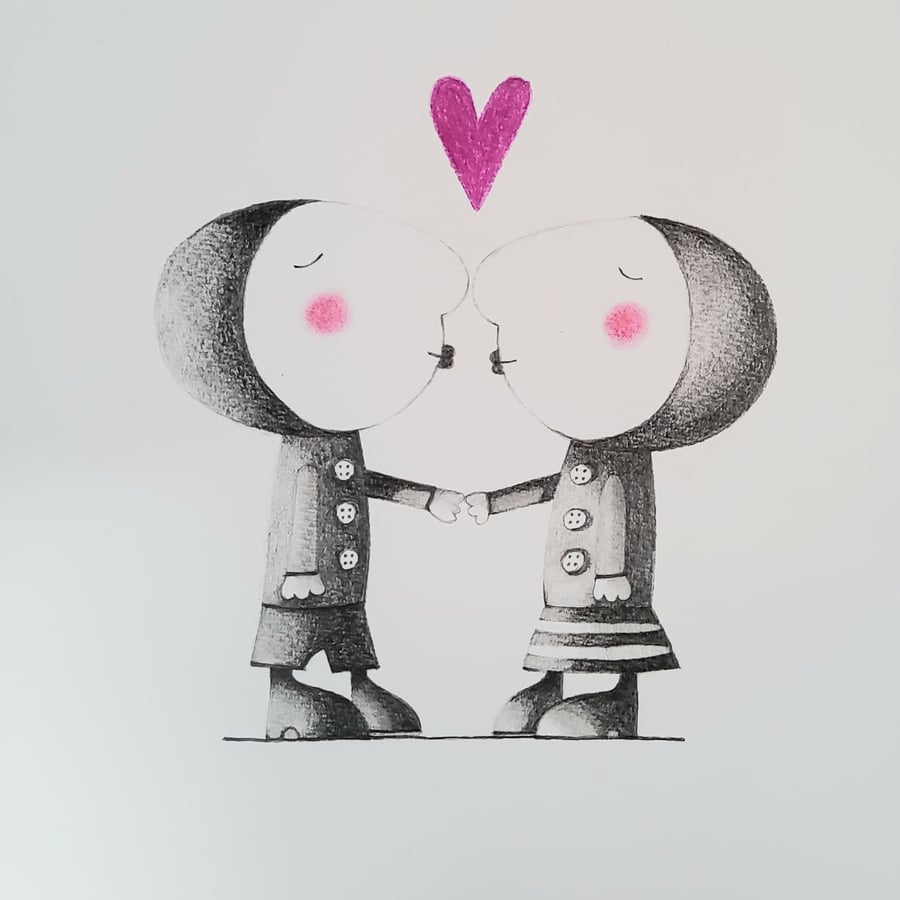 The Kiss valentine or anniversary original pencil drawing