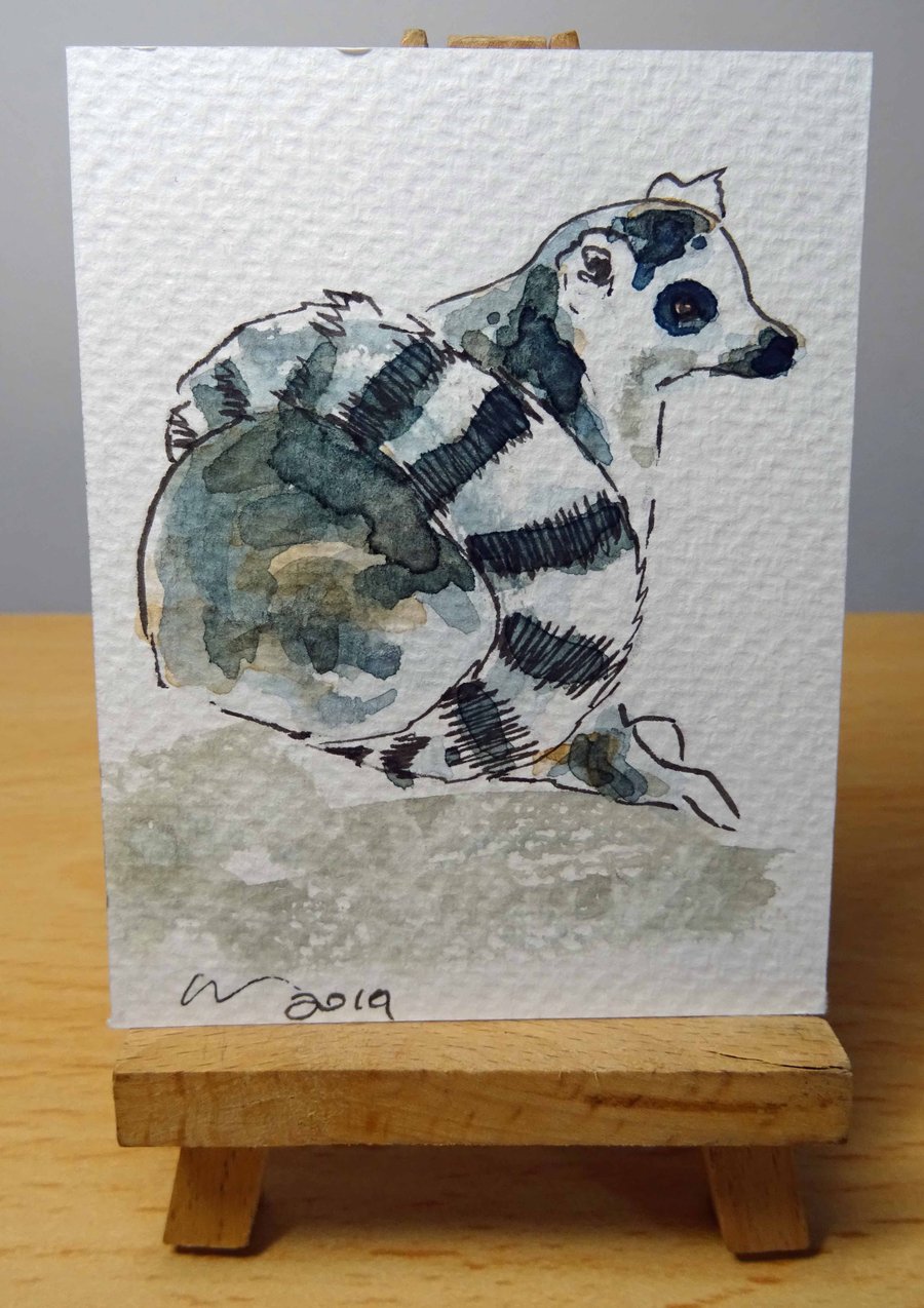 ACEO Animal Art Ring Tailed Lemur Sit Original Watercolour Ink Painting OOAK 