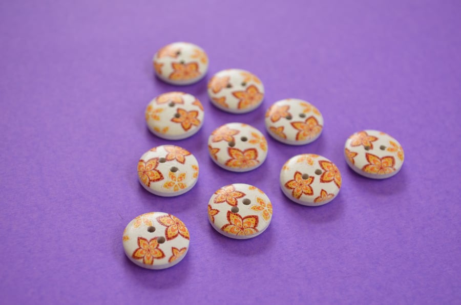 15mm Wooden Floral Buttons Orange Red Yellow White 10pk Flowers (SF2)