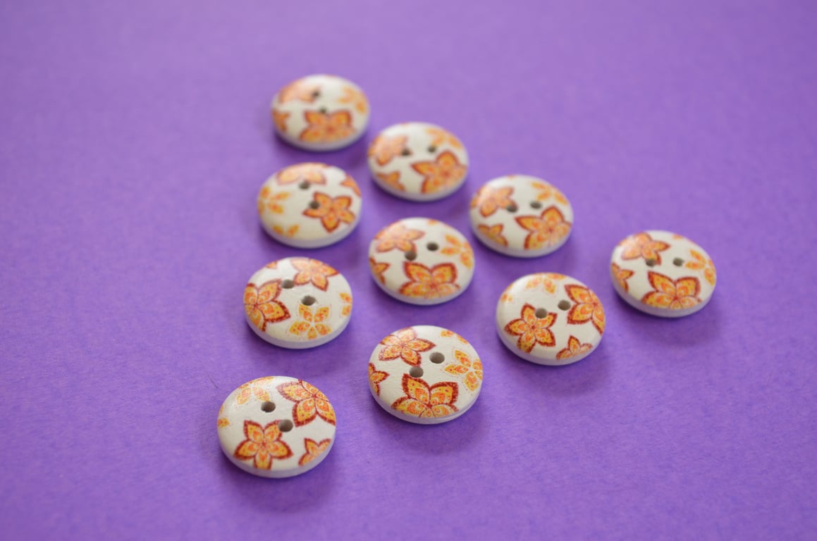 15mm Wooden Floral Buttons Orange Red Yellow White 10pk Flowers (SF2)