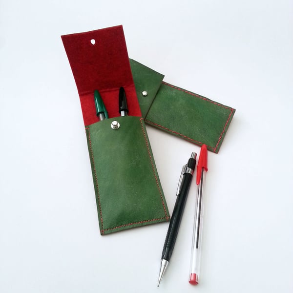 Leather Pen Case. Green leather & Red felt. Gifts for Men, Fathers Day