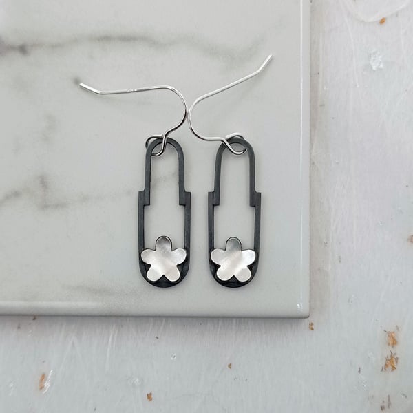 Oxidised sterling silver flower drop earrings - handmade wire earrings 