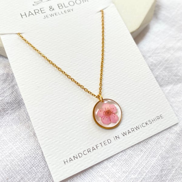 Dainty Pink Blossom Necklace in Gold